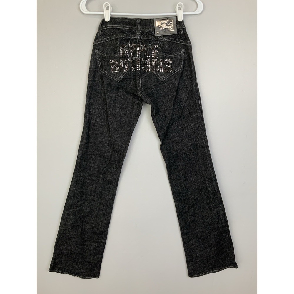 VTG Apple Bottoms Sz 1/2 (24x32) Bling Butt Logo Black Low Rise Flare Jeans Y2K